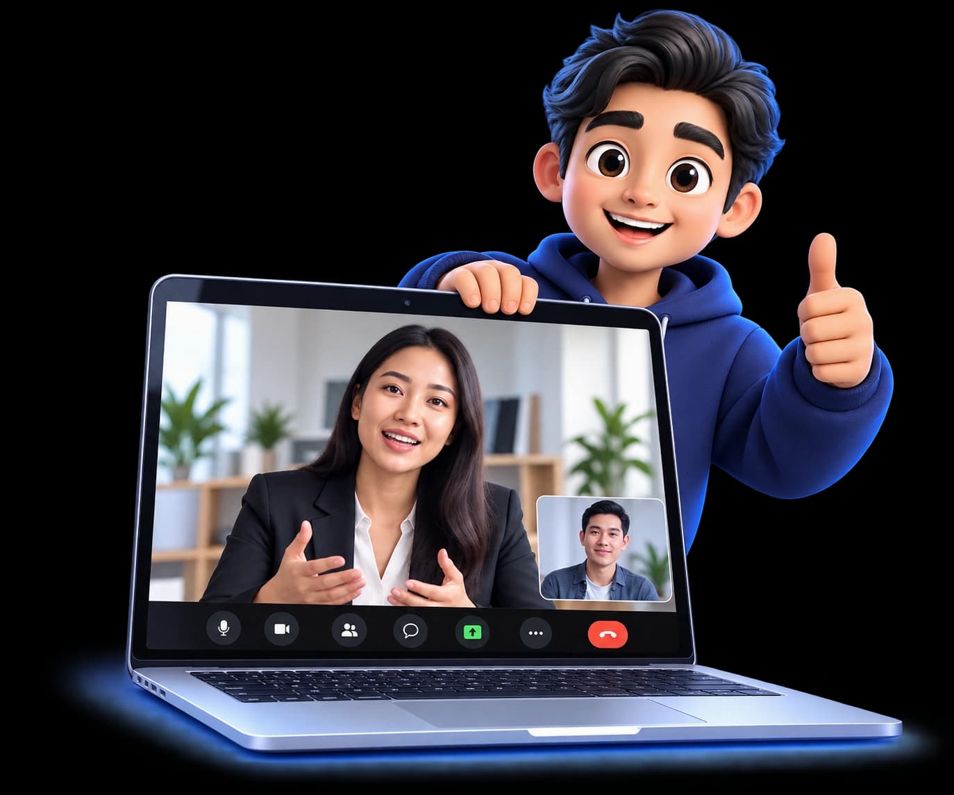 Ilustrasi laptop dengan video interview dan maskot IntervAI yang memberi semangat.